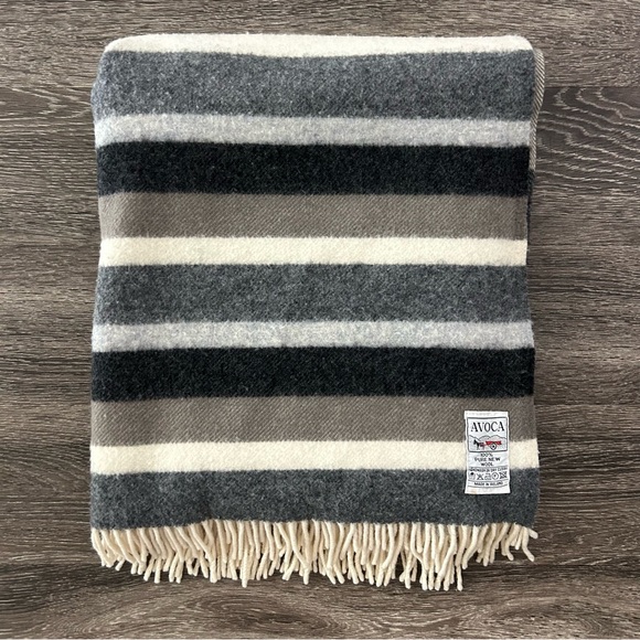 Avoca 100% Pure New Wool Grey Striped Blanket Fringe 56” x 70” Made in Ireland - Picture 1 of 11